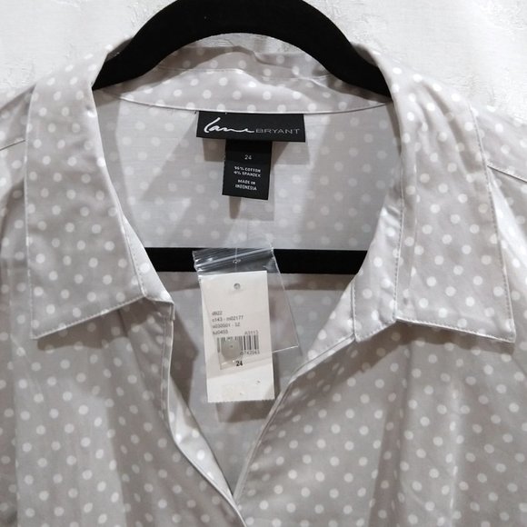 Lane Bryant Polka Dot Cotton Button Shirt 24 Silver Grey 3/4 Sleeves Cute Preppy - Picture 3 of 5